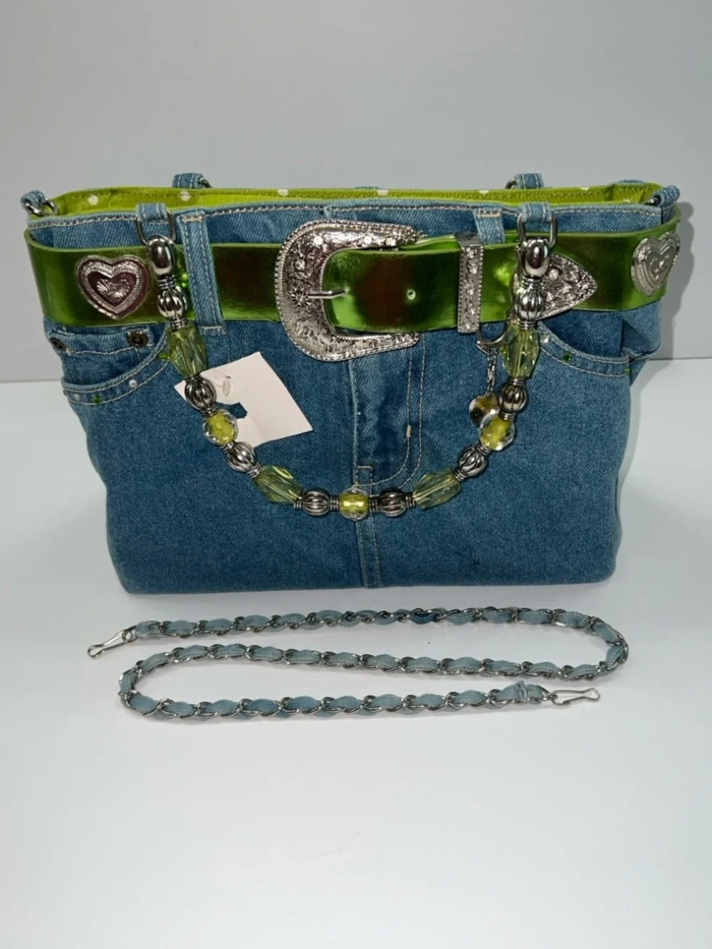 NWT MINGHAOS Denim Bag With Lime Green Belt and Beaded Handles - Picture 6 of 14